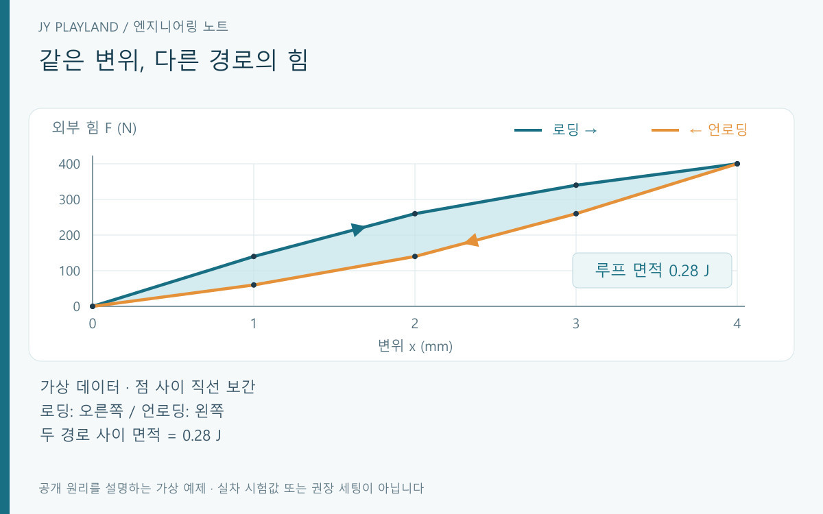 가상 부싱 히스테리시스의 로딩·언로딩 곡선과 두 경로 사이의 에너지 소산 면적